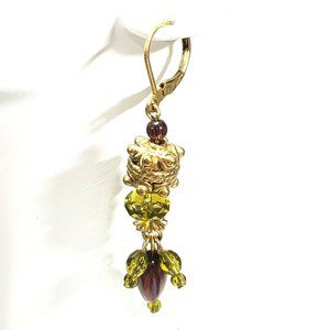 Antique Gold Green Purple Dangle Earrings Lever